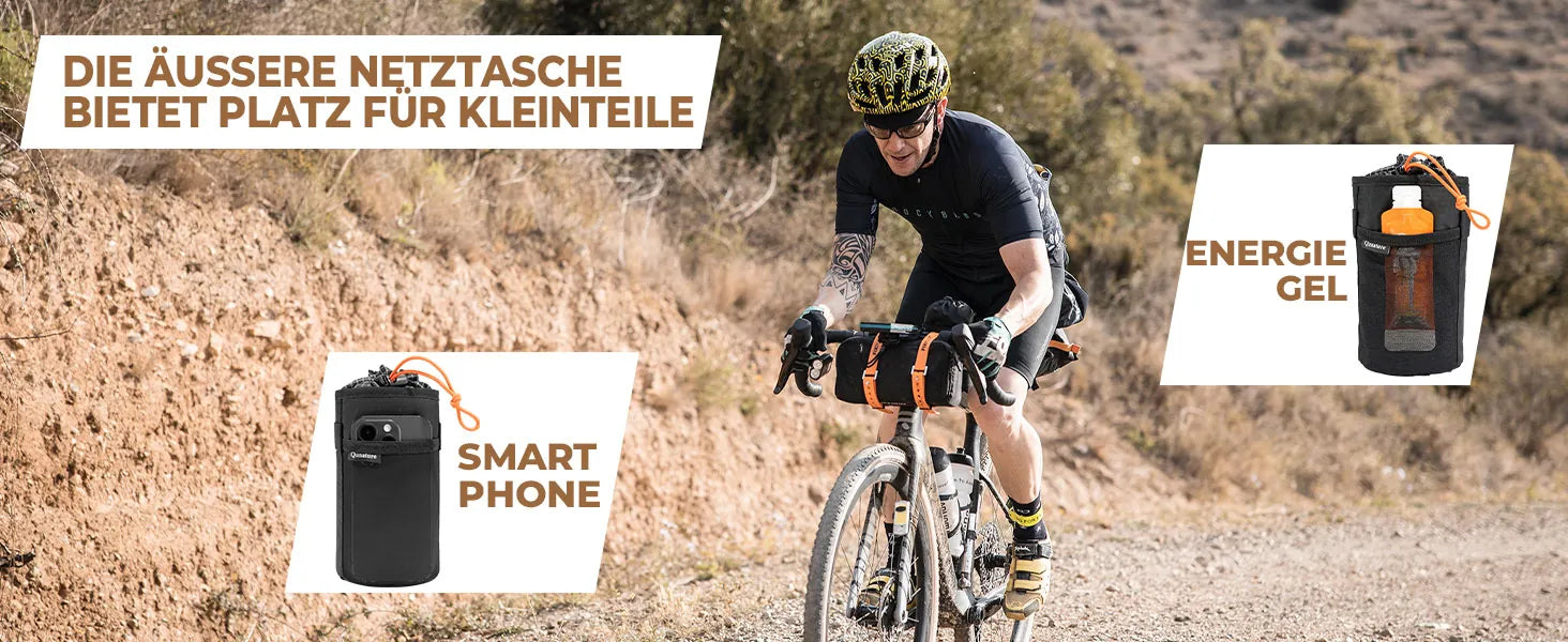 aussennetztasche fuer energiegel und handy an der fahrradtasche