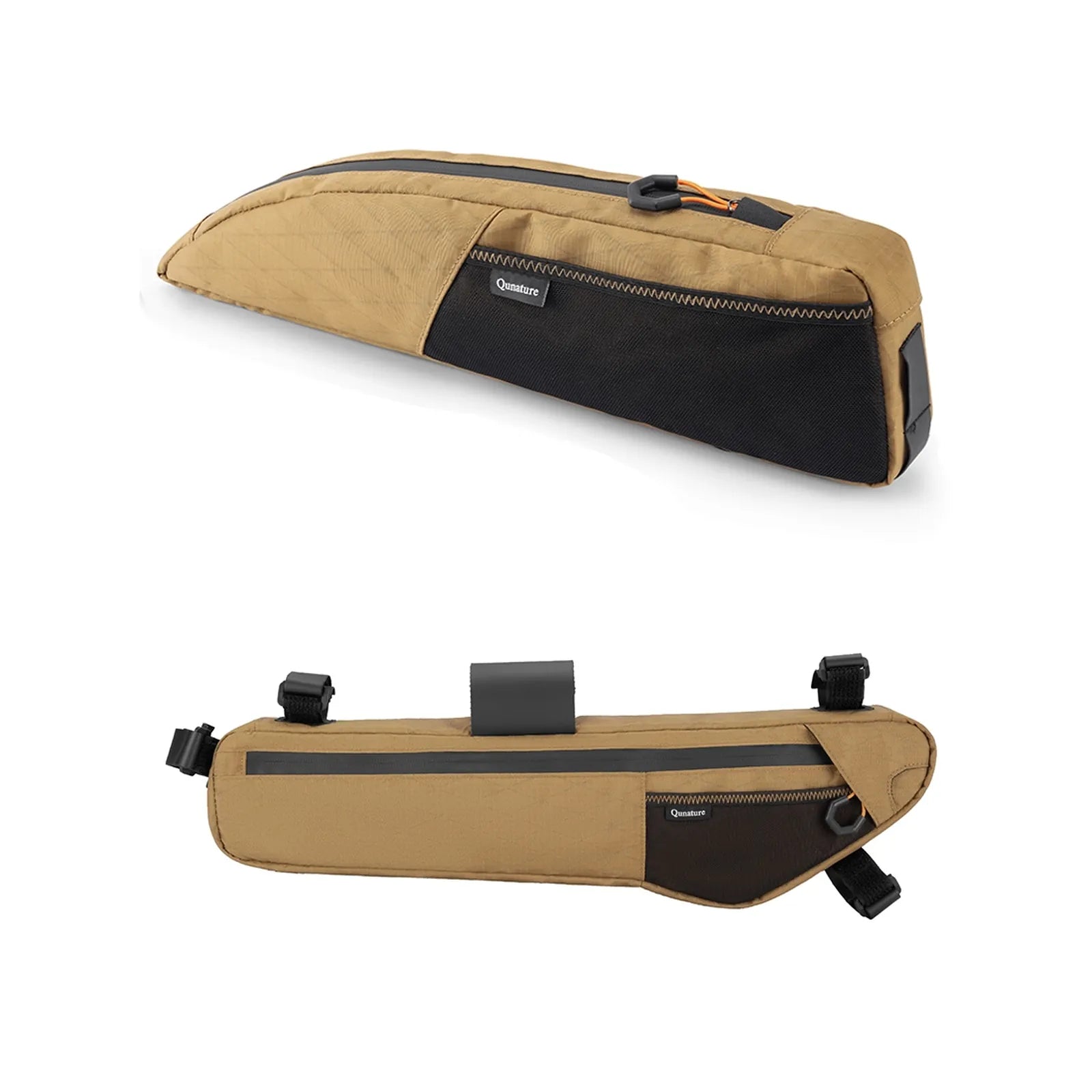 dreieckige fahrradtasche in khaki mit reißverschluss und befestigungsgurten