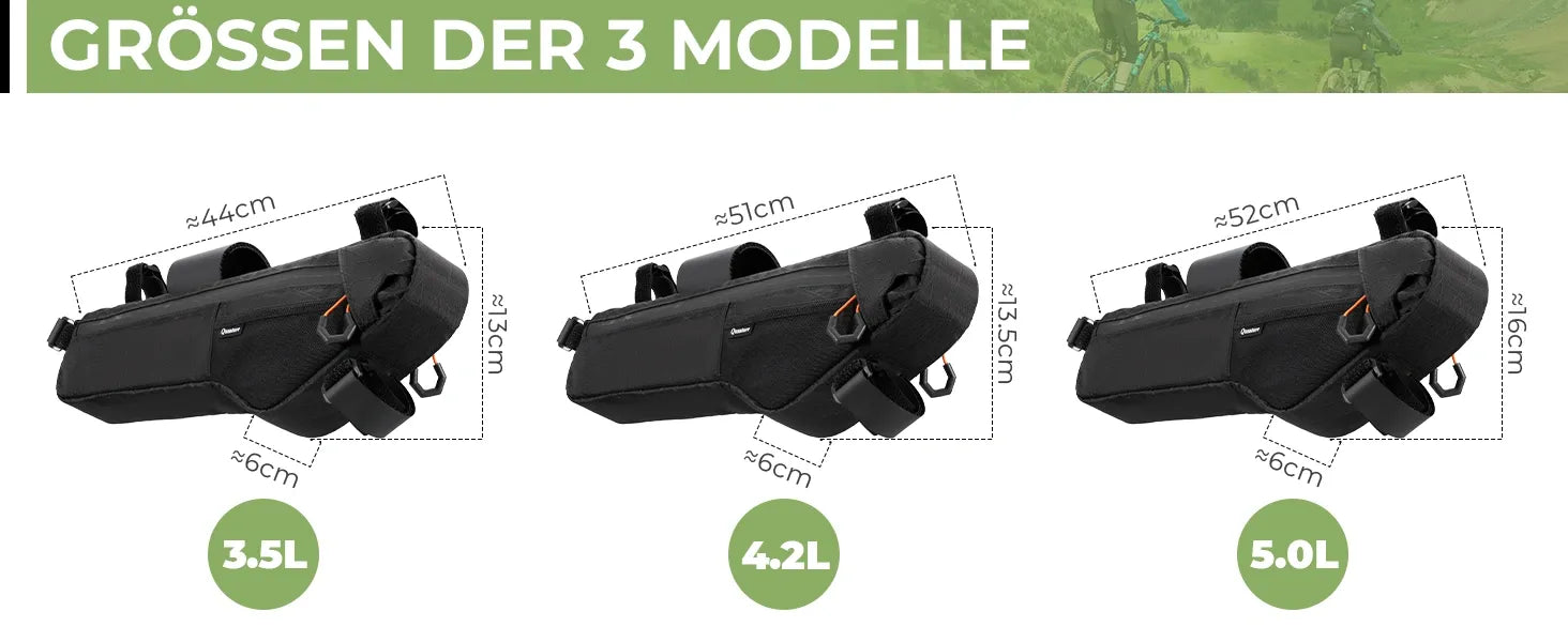 fahrradrahmentasche 35l 42l 50l groessenvergleich der drei modelle