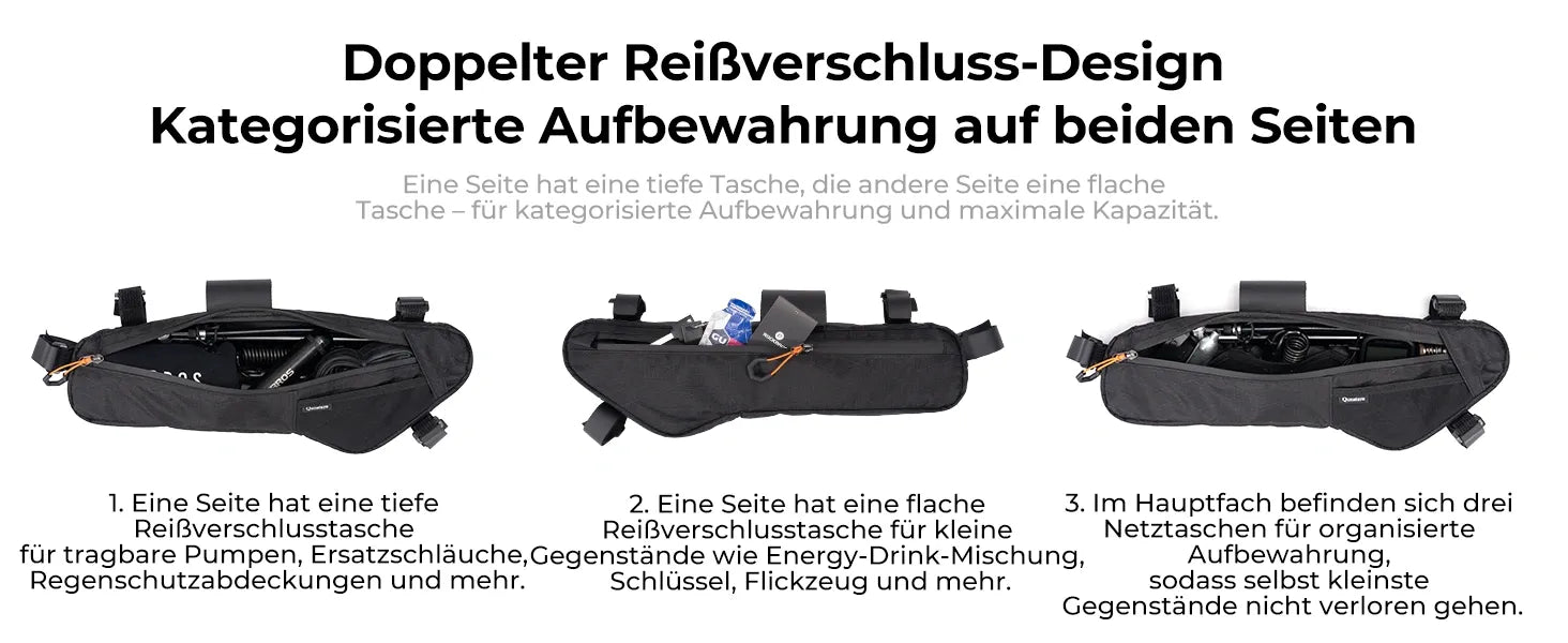 fahrradrahmentasche doppelter reissverschluss design organisierte aufbewahrung