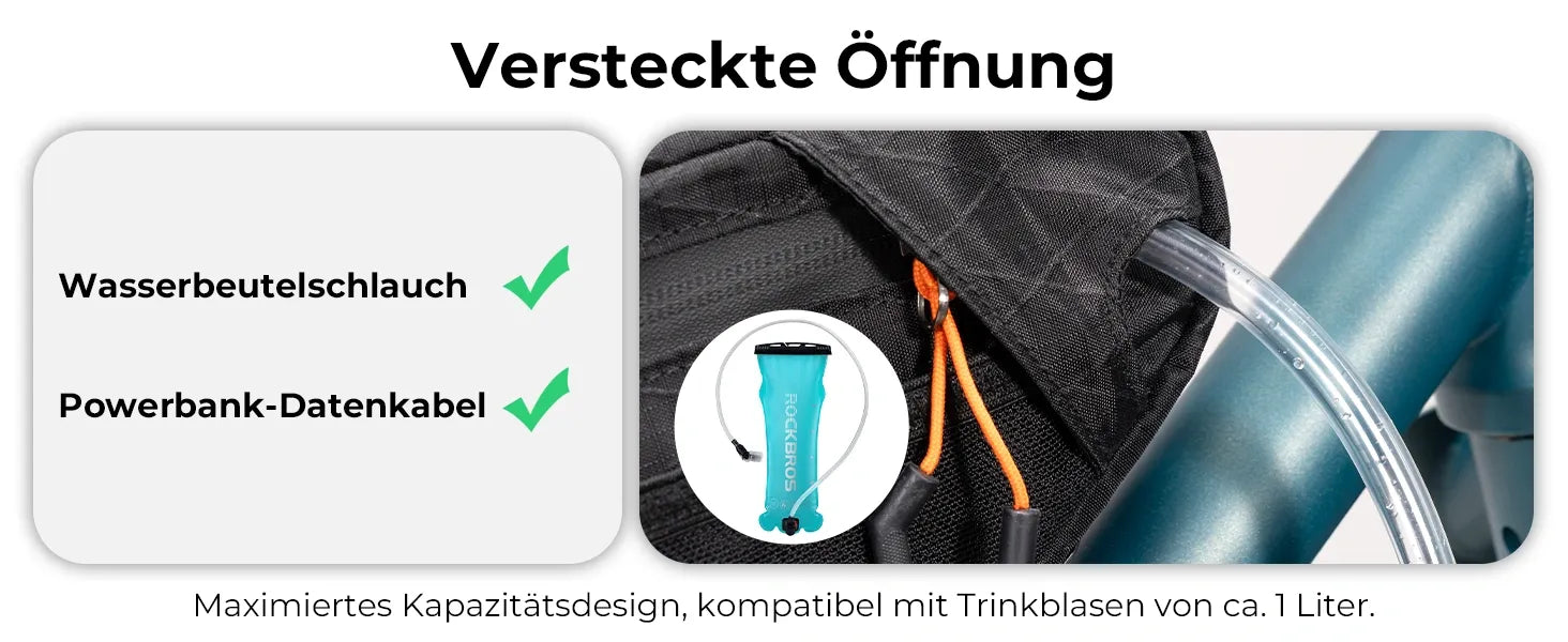 fahrradrahmentasche versteckte oeffnung fuer trinkblase und ladekabel
