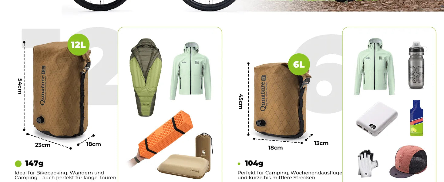 vergleich der trockenbeutel in 12l und 6l mit gewichtsangaben und packbeispielen