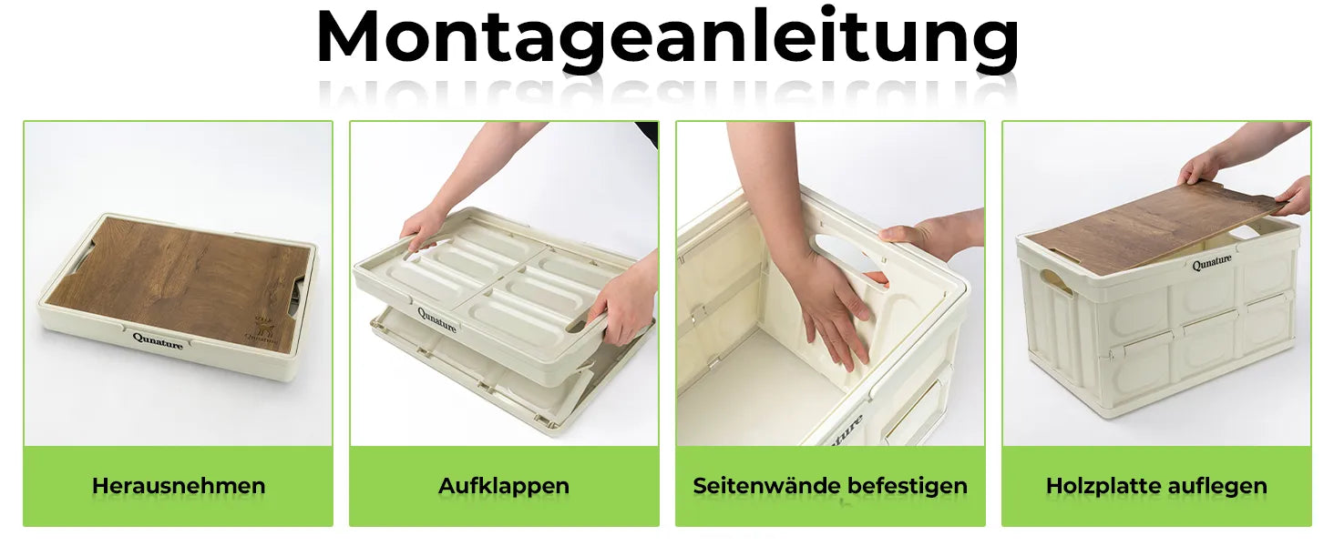 montageanleitung der faltbaren box in vier schritten: herausnehmen, aufklappen, befestigen, holzplatte auflegen