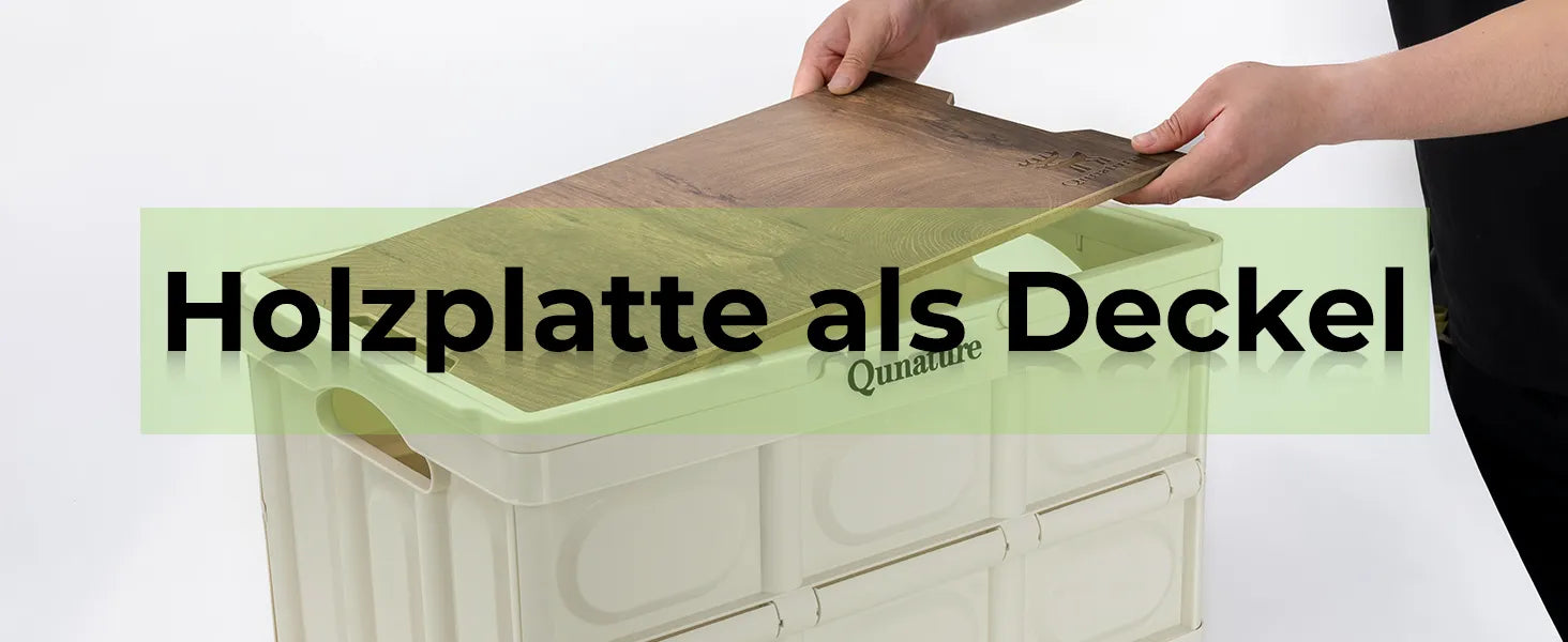 auflegen des holzdeckels auf die faltbare qunature aufbewahrungsbox
