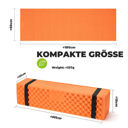 campingmatte maße 180x60cm, zusammengeklappt 60x15x12cm, gewicht 337g, kompakt und leicht