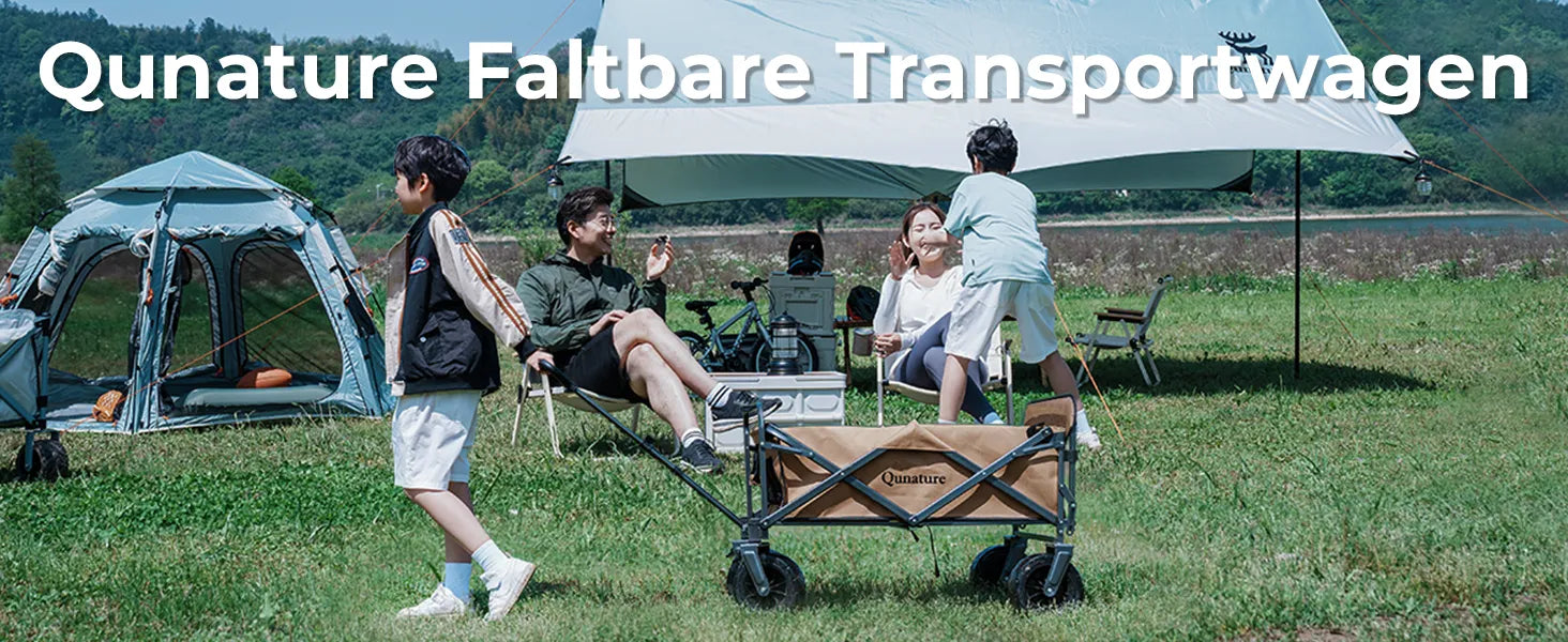 familie beim camping mit qunature faltbarem transportwagen auf einer wiese