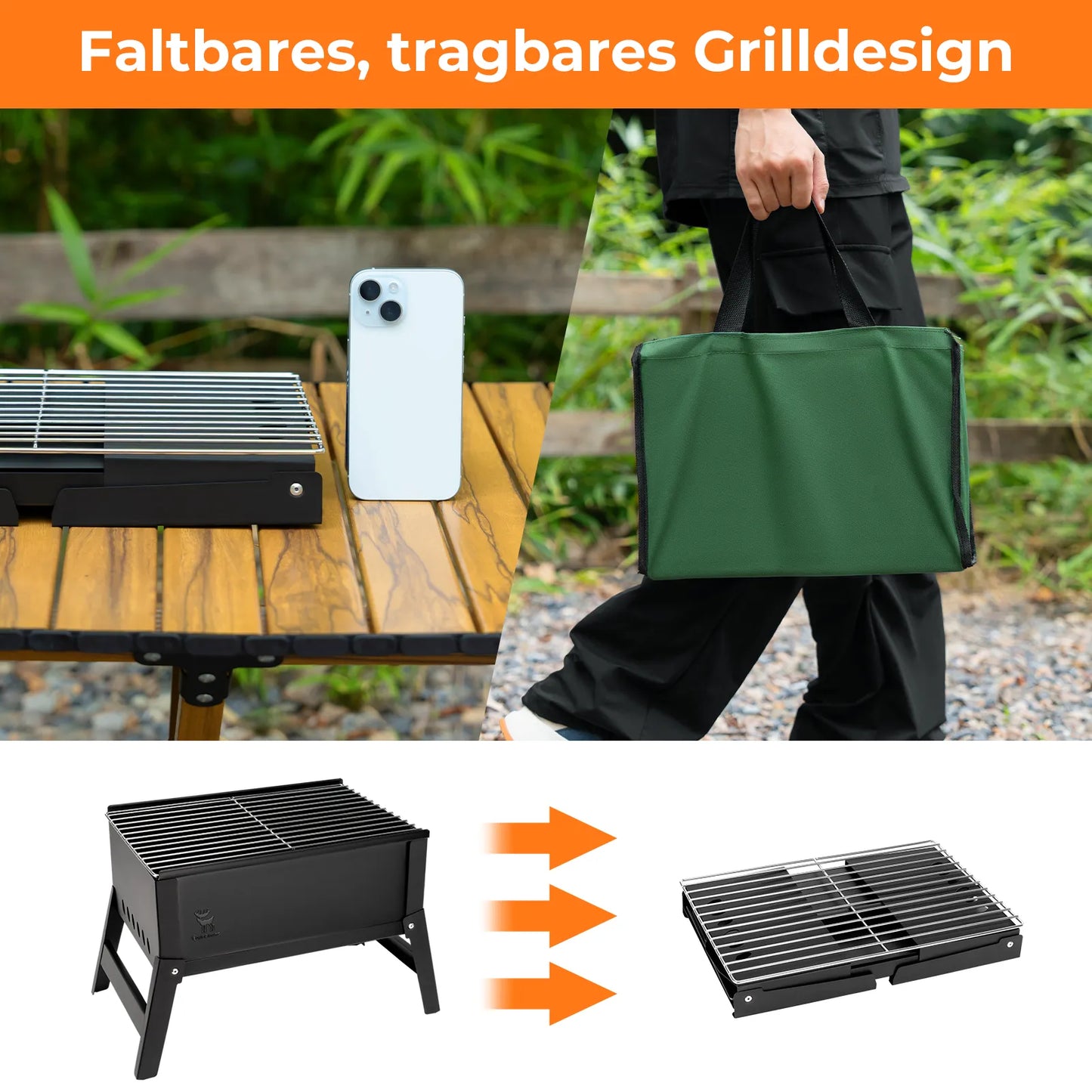 faltbares tragbares grilldesign mit tragetasche und größenvergleich