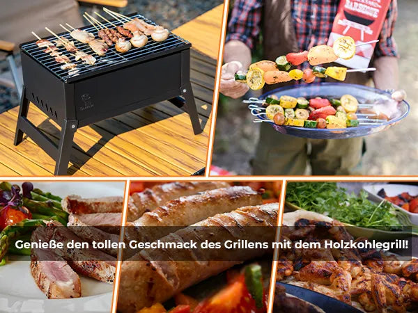 holzkohlegrill mit leckeren spießen und gemüse