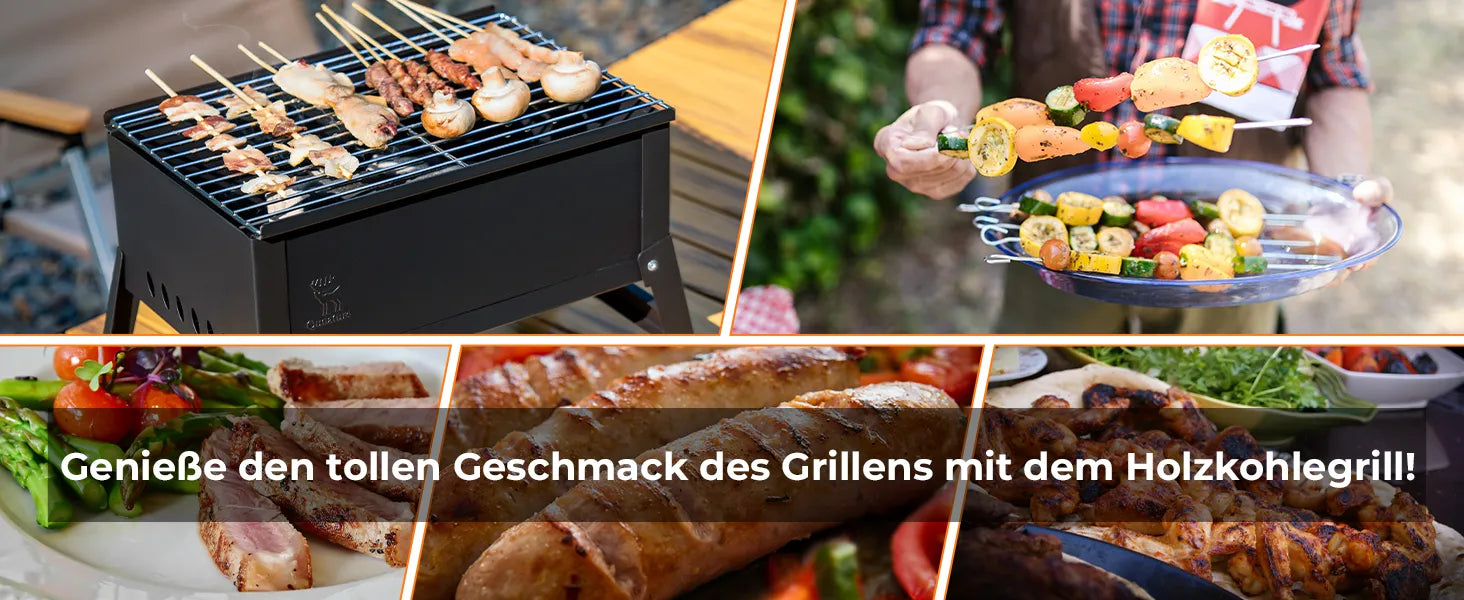 holzkohlegrill mit leckeren spießen und gemüse