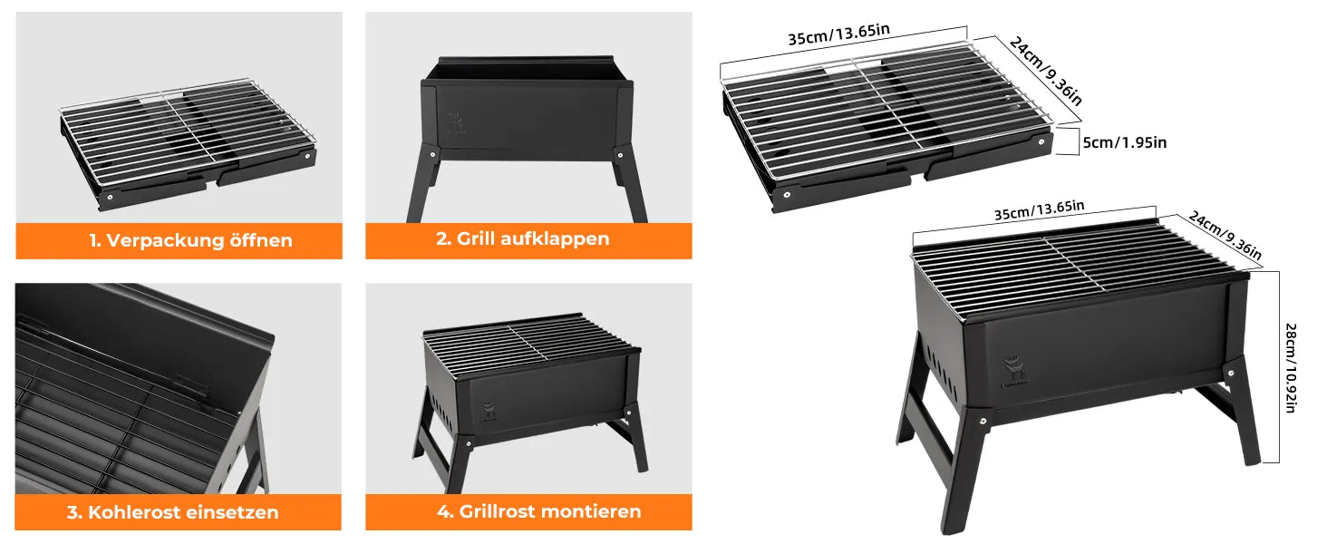 aufbau des faltgrills mit maßen und schritten