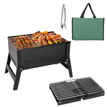 faltbarer holzkohlegrill mit zubehör, grillgut und tragetasche