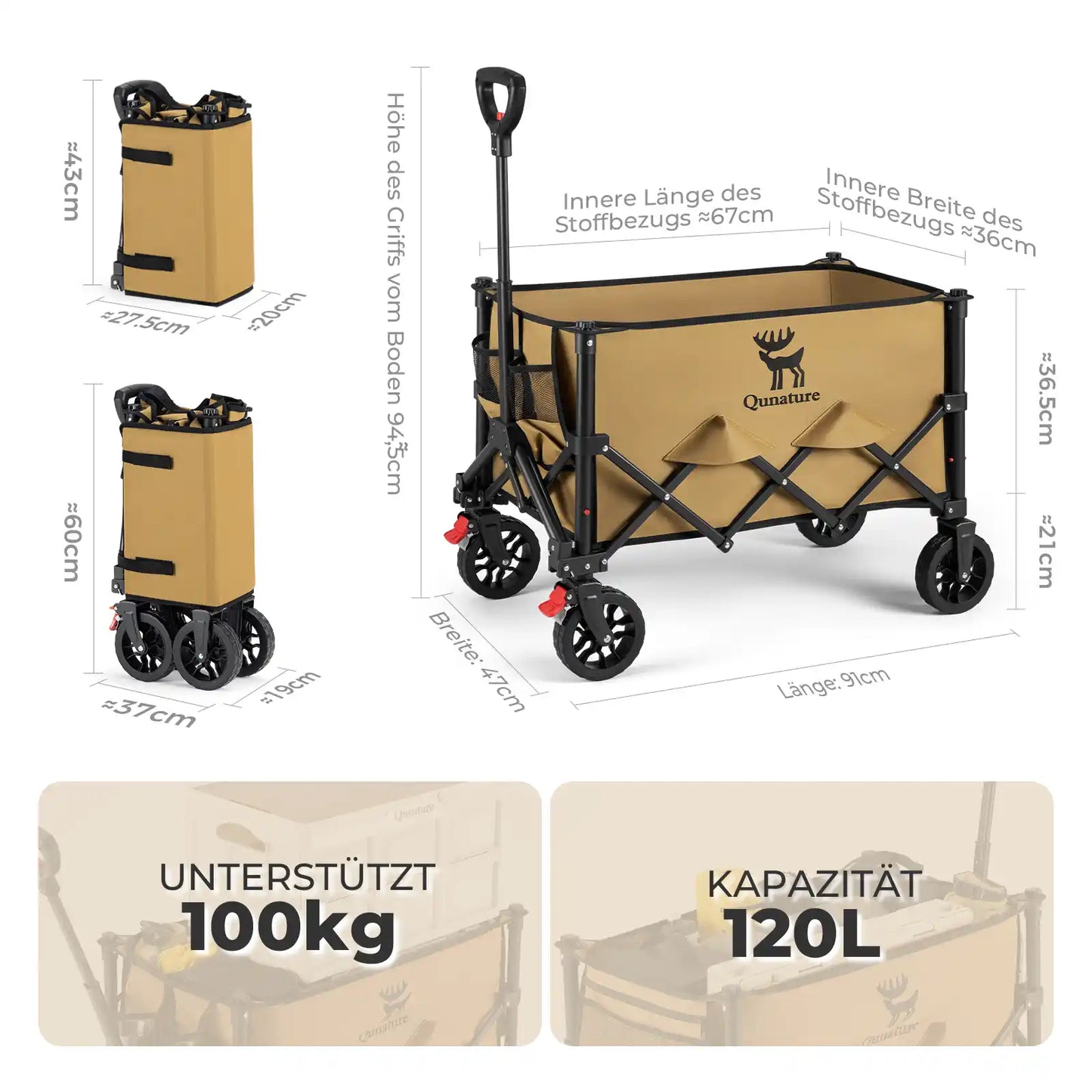 technische daten des wagens mit maßen, 100kg traglast und 120l kapazitaet