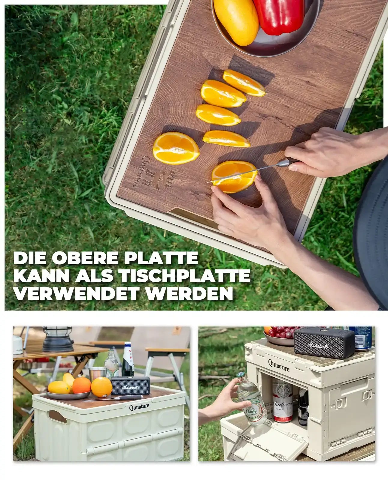holzdeckel der faltbox als arbeitsfläche beim picknick im grünen