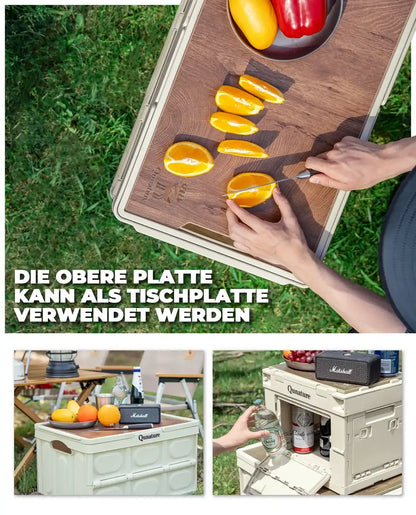 holzdeckel der faltbox als arbeitsfläche beim picknick im grünen