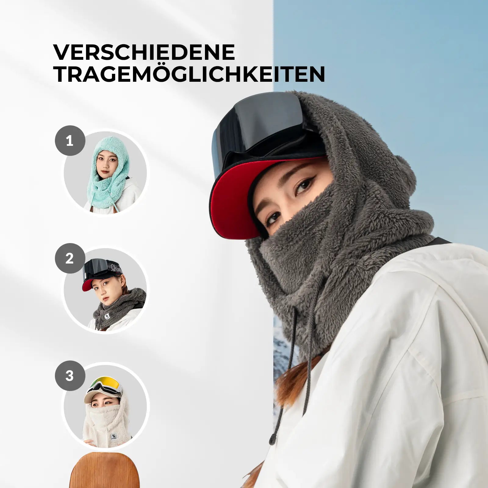 nahaufnahme einer person mit einer schwarzen fleece-maske für maximale wärme.