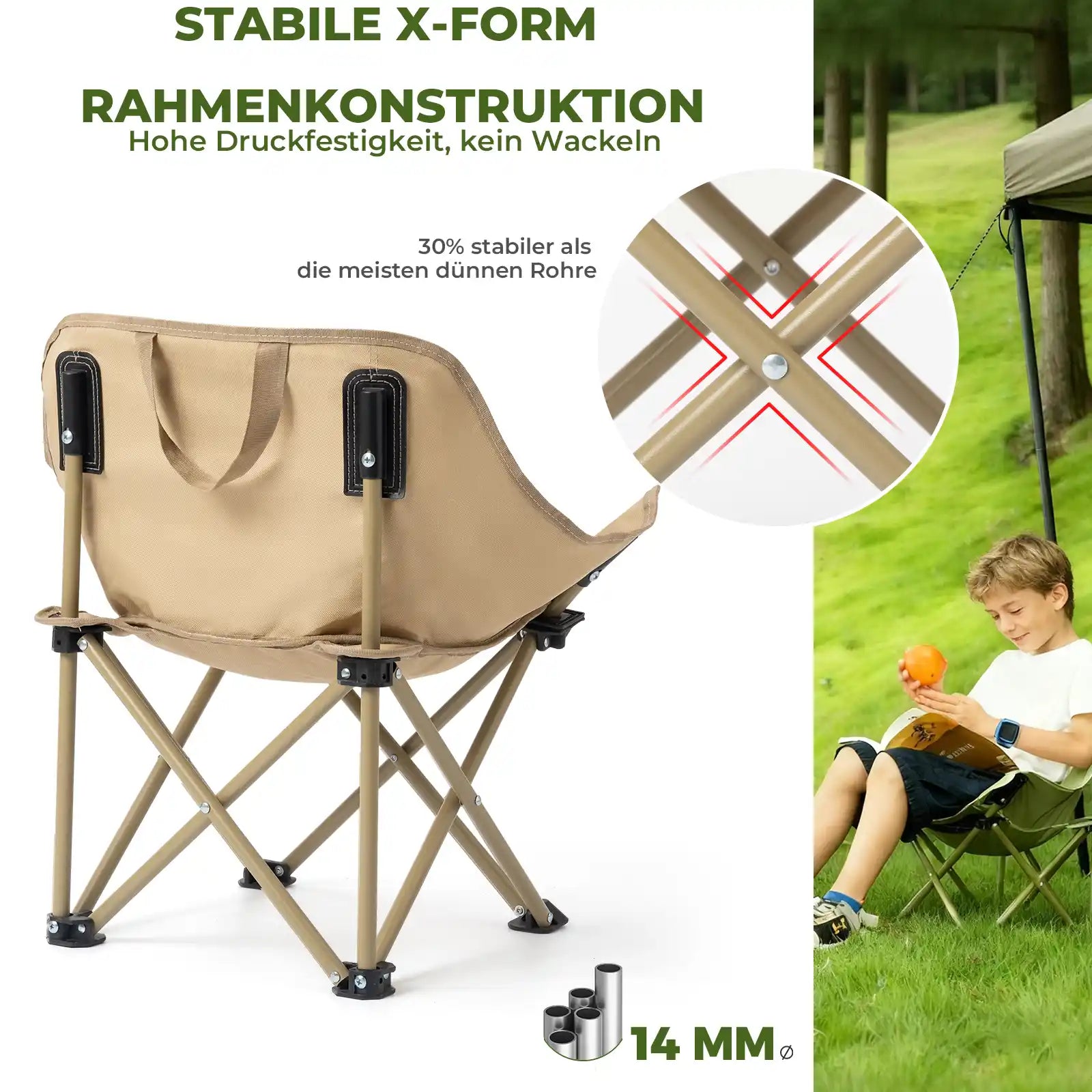 qunature folding chair with stable x-frame design and 14mm tubes