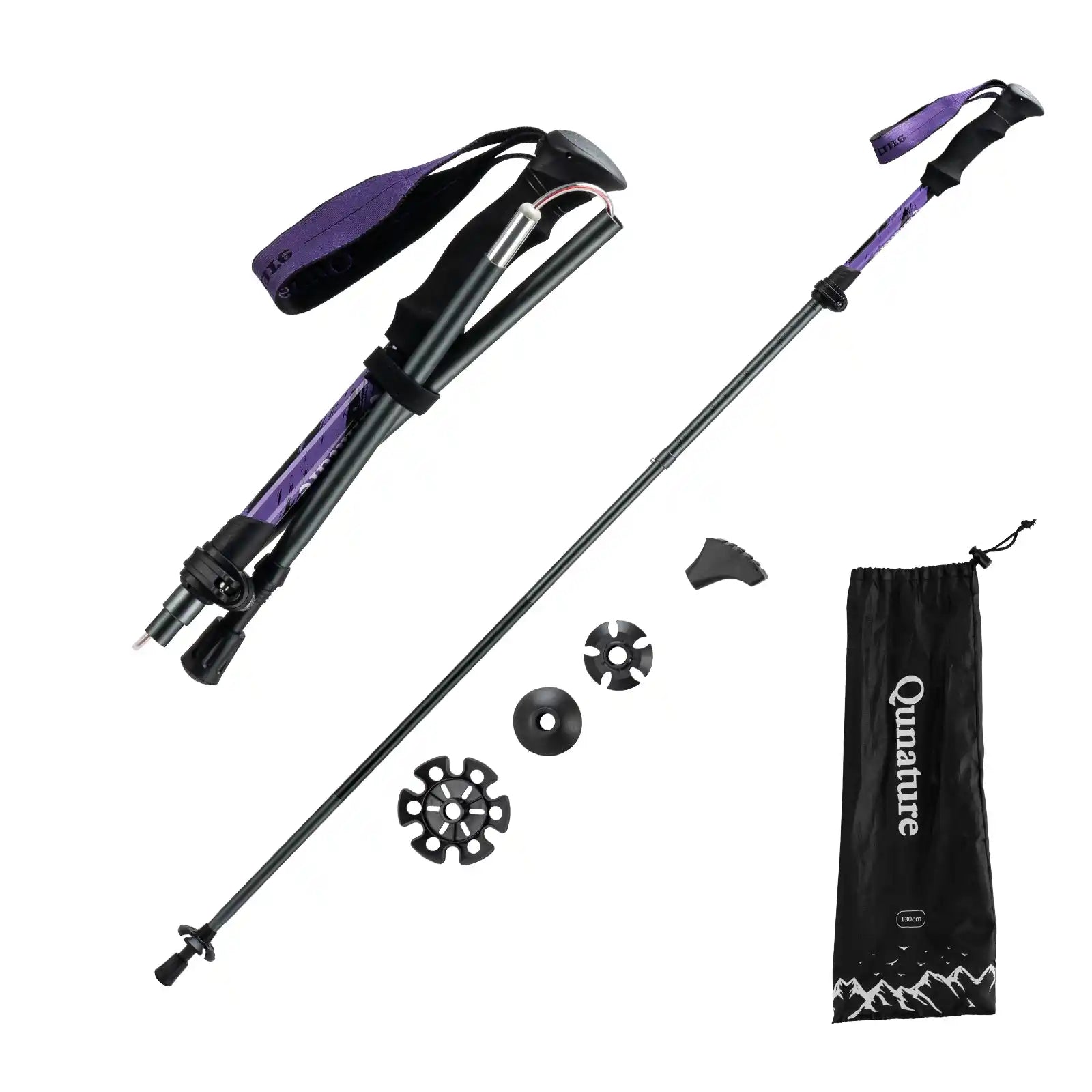 collapsible hiking pole with multiple accessories and storage bag