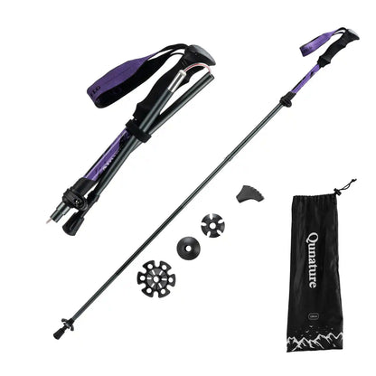 collapsible hiking pole with multiple accessories and storage bag