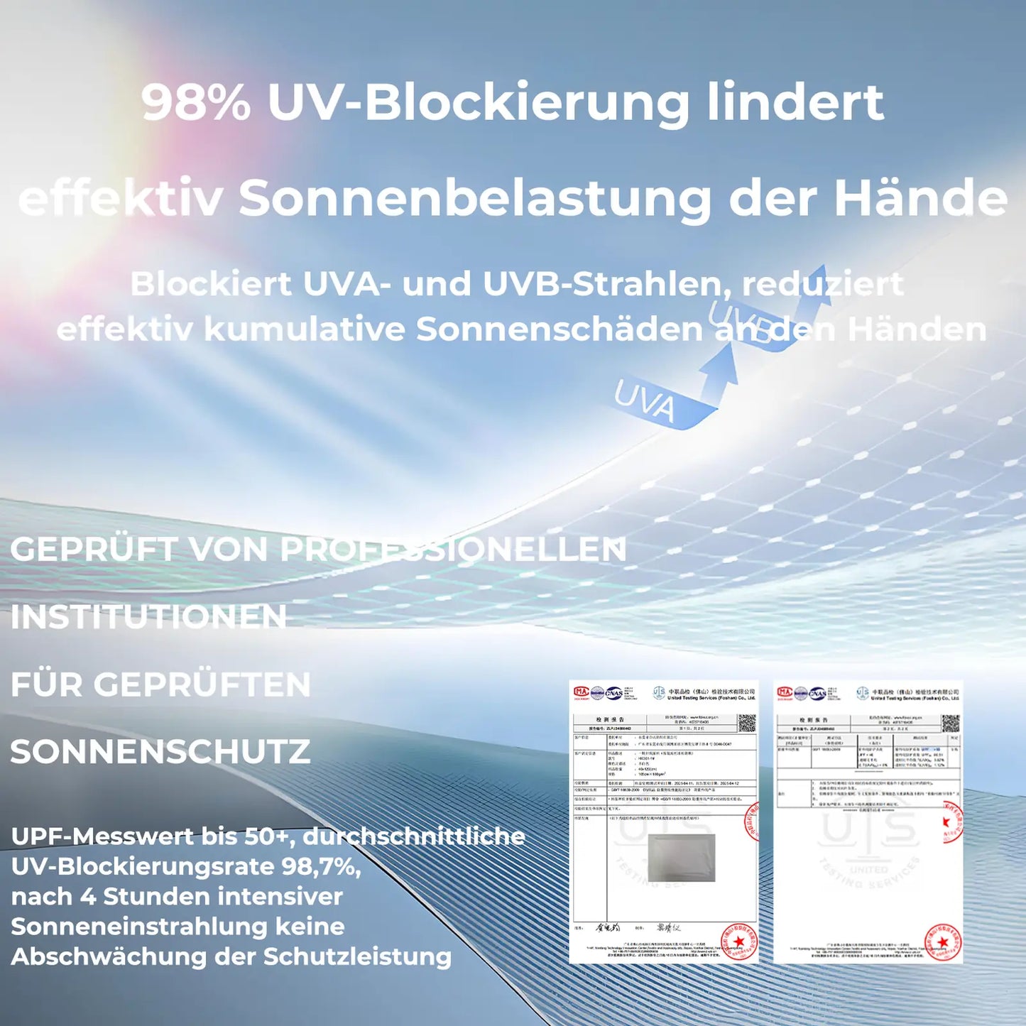 uv-schutz diagramm mit 98% uv-blockierung und prüfdokumenten