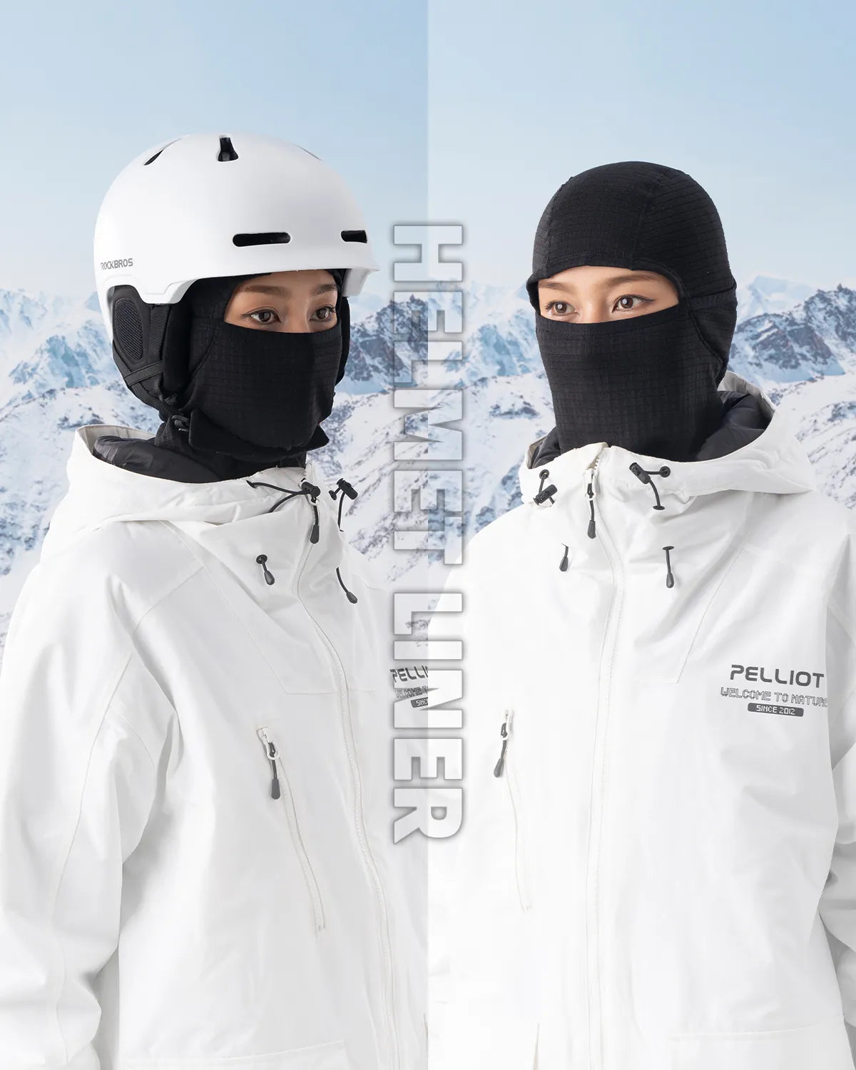 eine frau im winteroutfit zeigt die schwarze balaclava als praktischen helmunterzieher.