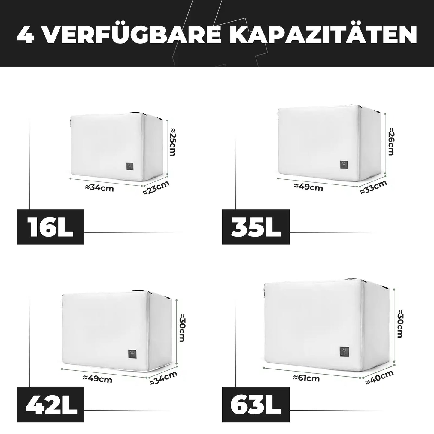 4 verschiedene kapazitäten der kühl tasche mit maßen und gewichtsangaben