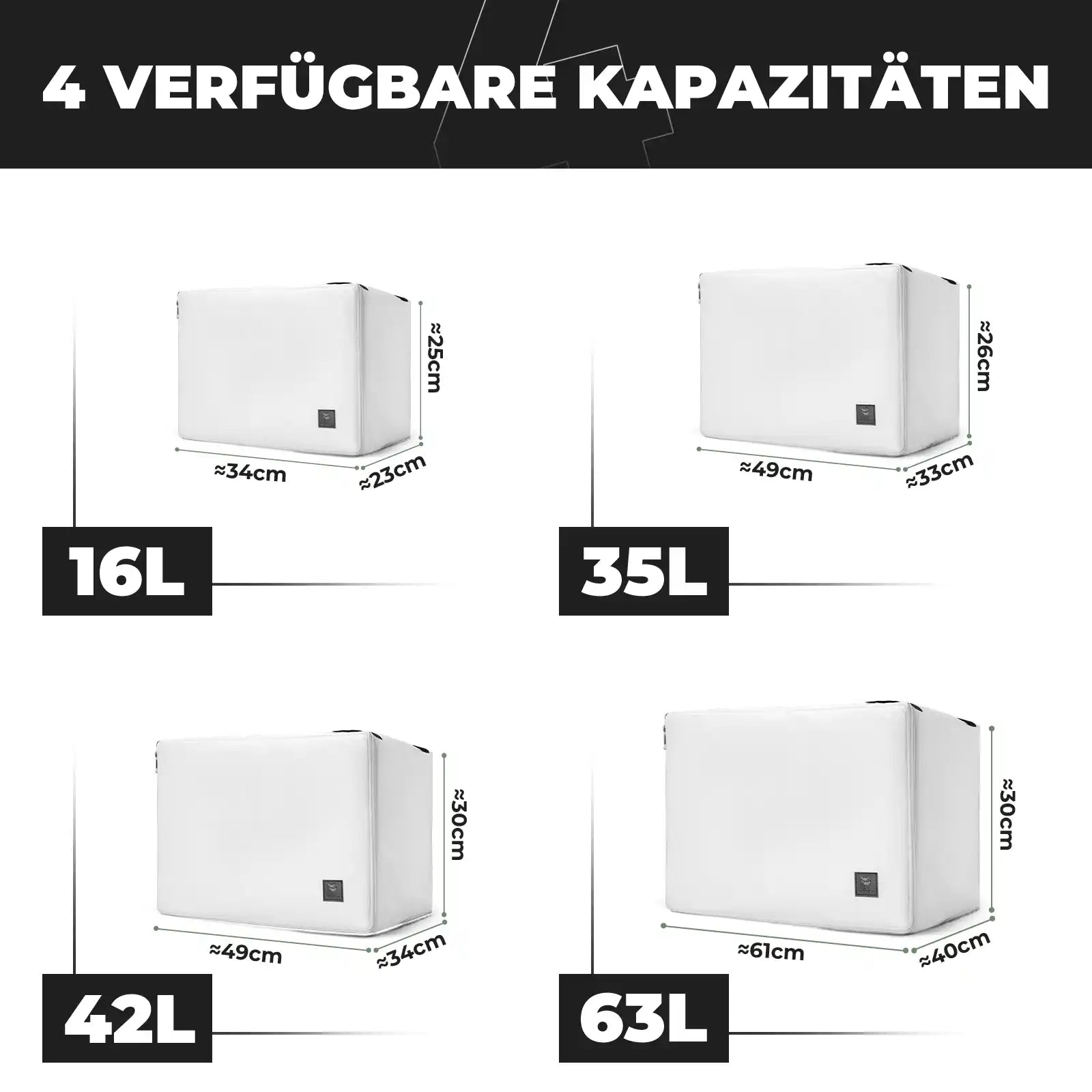 4 verschiedene kapazitäten der kühl tasche mit maßen und gewichtsangaben