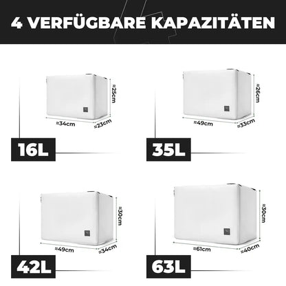 4 verschiedene kapazitäten der kühl tasche mit maßen und gewichtsangaben