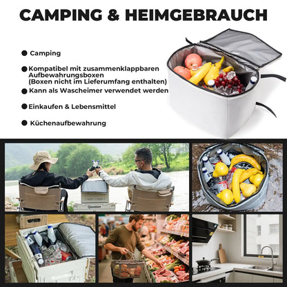 einsatz der isolier tasche im outdoor camping mit klapptisch und aufbewahrungsboxen