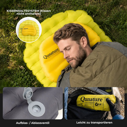 gelbe isomatte mit kissenhalter und ventil, leicht zu transportieren