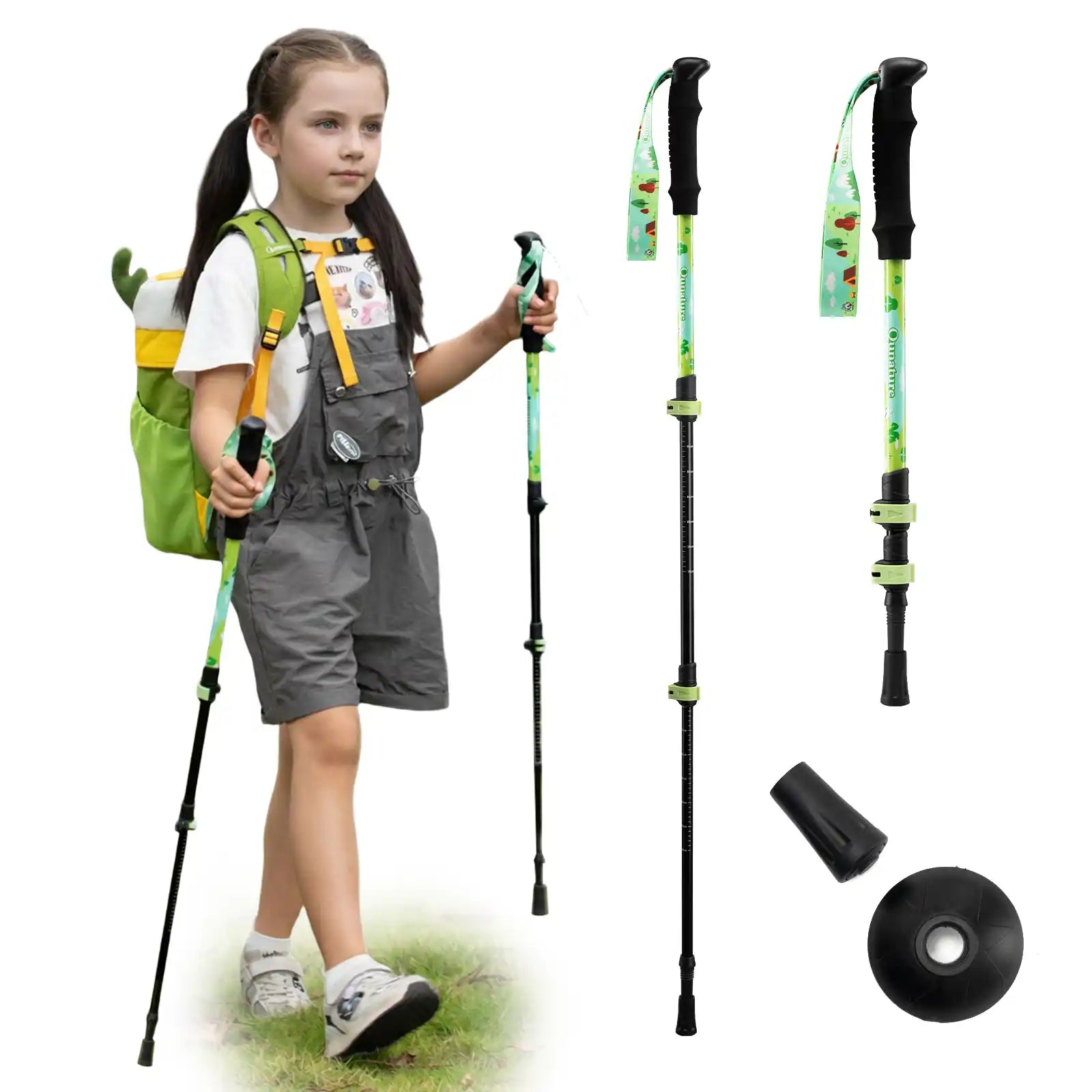 girl holding trekking poles, with additional poles and accessories (mud basket, tip protector) displayed