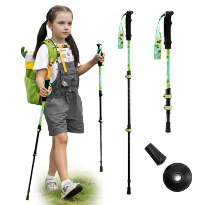 girl holding trekking poles, with additional poles and accessories (mud basket, tip protector) displayed