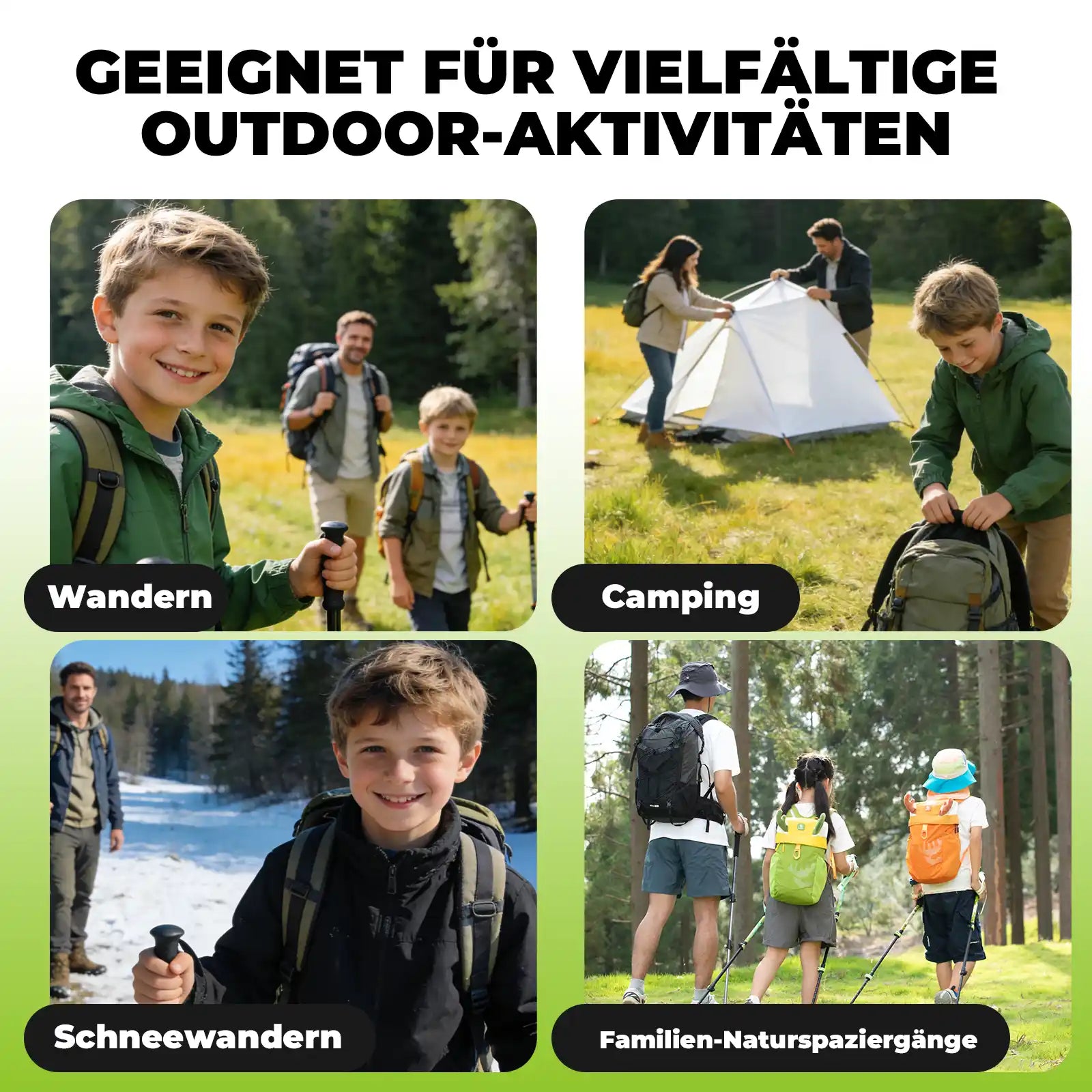 collage of kids using trekking poles for hiking, camping, snow trekking and family walks