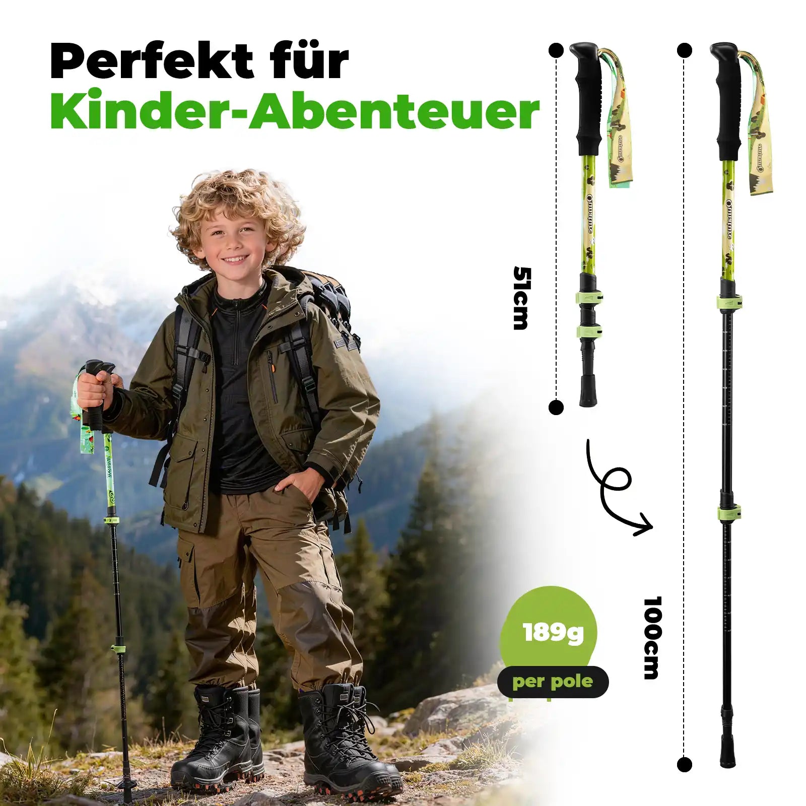 boy with trekking pole, showing size range 51-100cm and weight 189g per pole