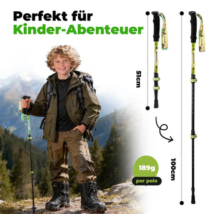 boy with trekking pole, showing size range 51-100cm and weight 189g per pole