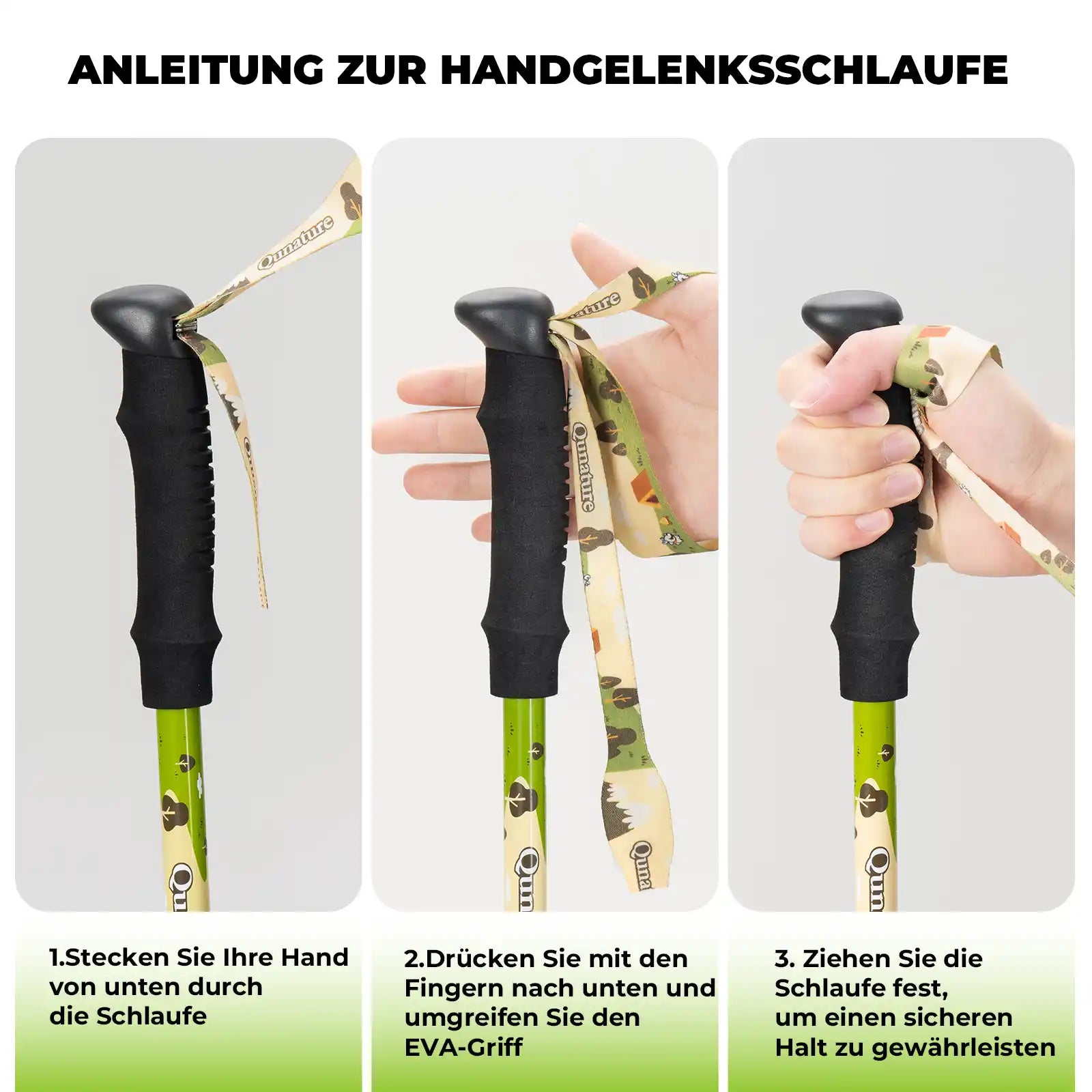 three-step guide showing how to attach and adjust the wrist strap on a trekking pole