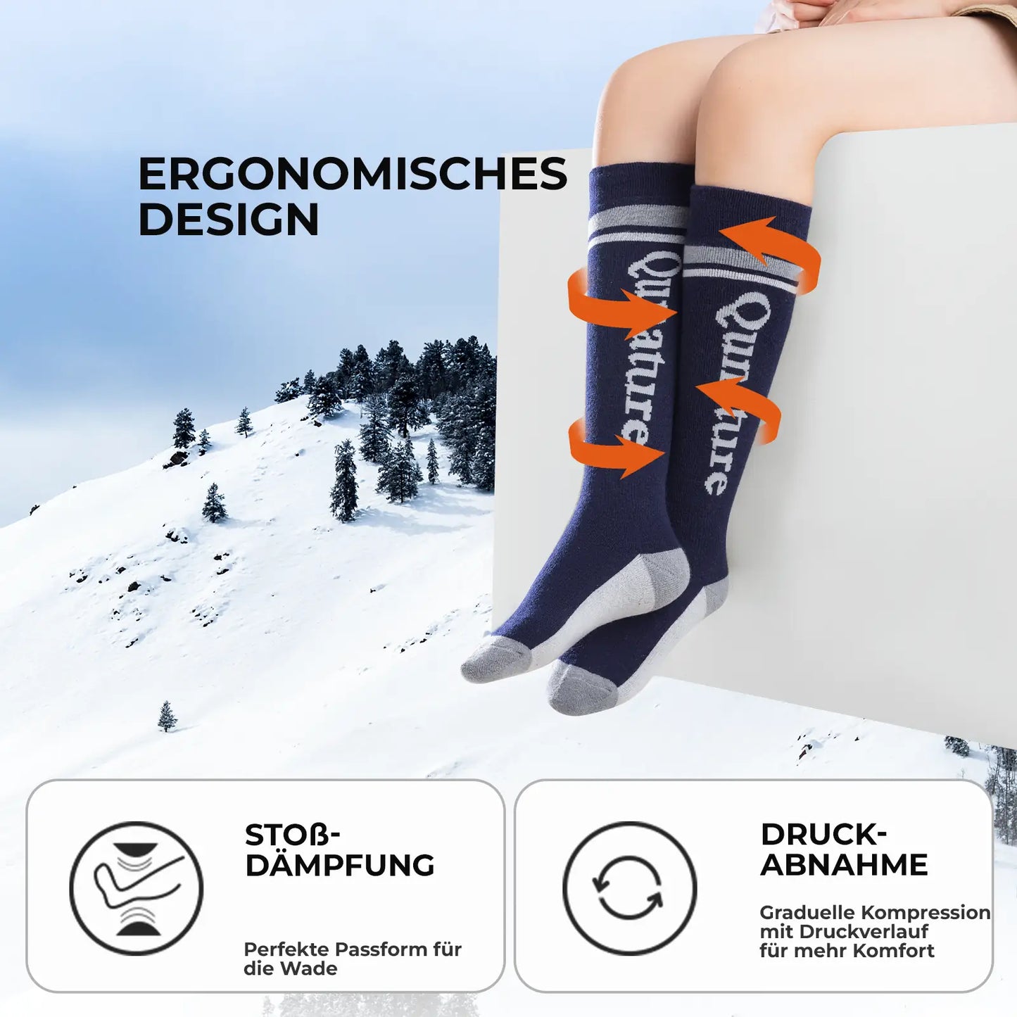 modell sitzt mit blauen kniestrümpfen vor schneeberg zur darstellung ergonomie