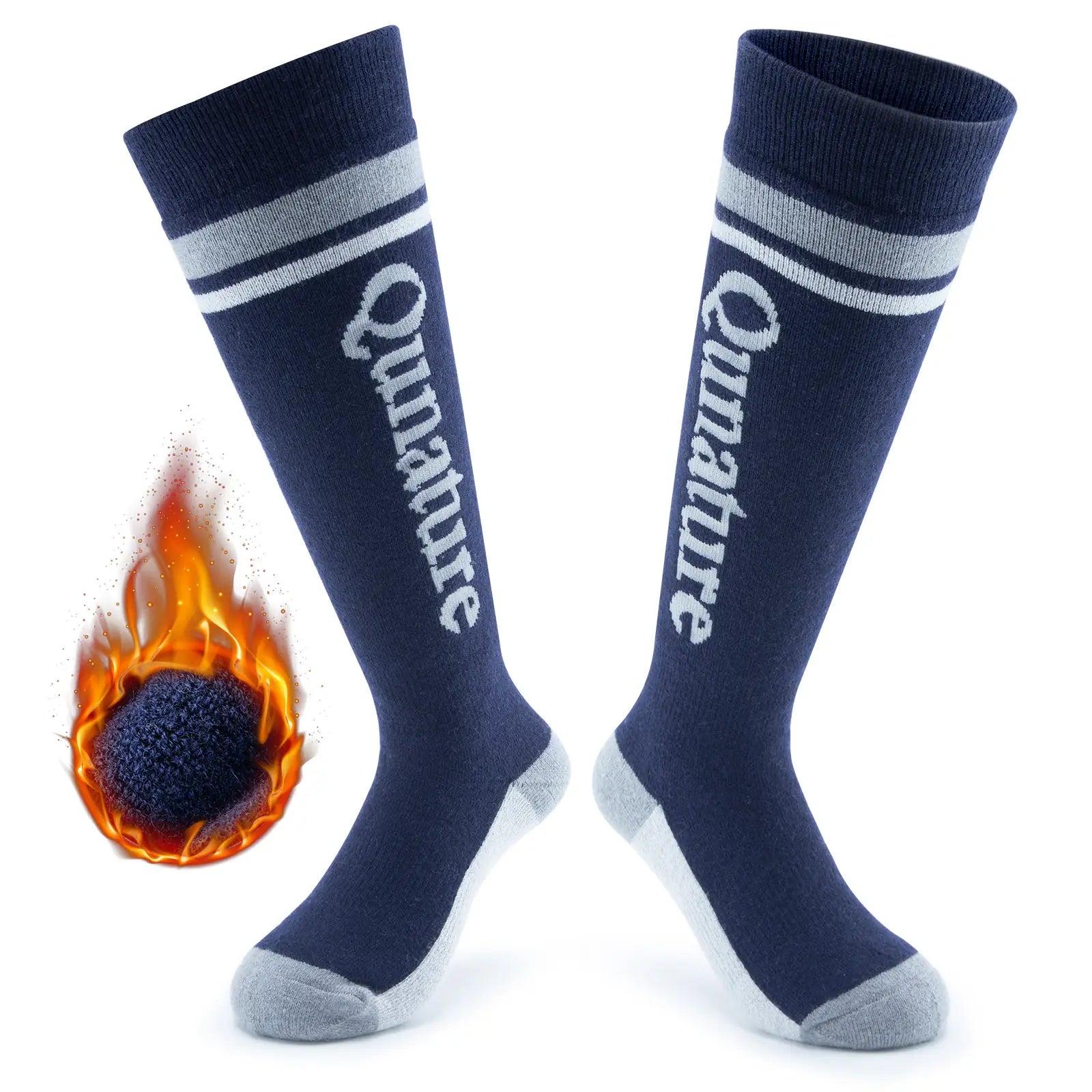 dunkelblaue thermosocken mit feuer-icon zur hervorhebung der wärmeeigenschaft