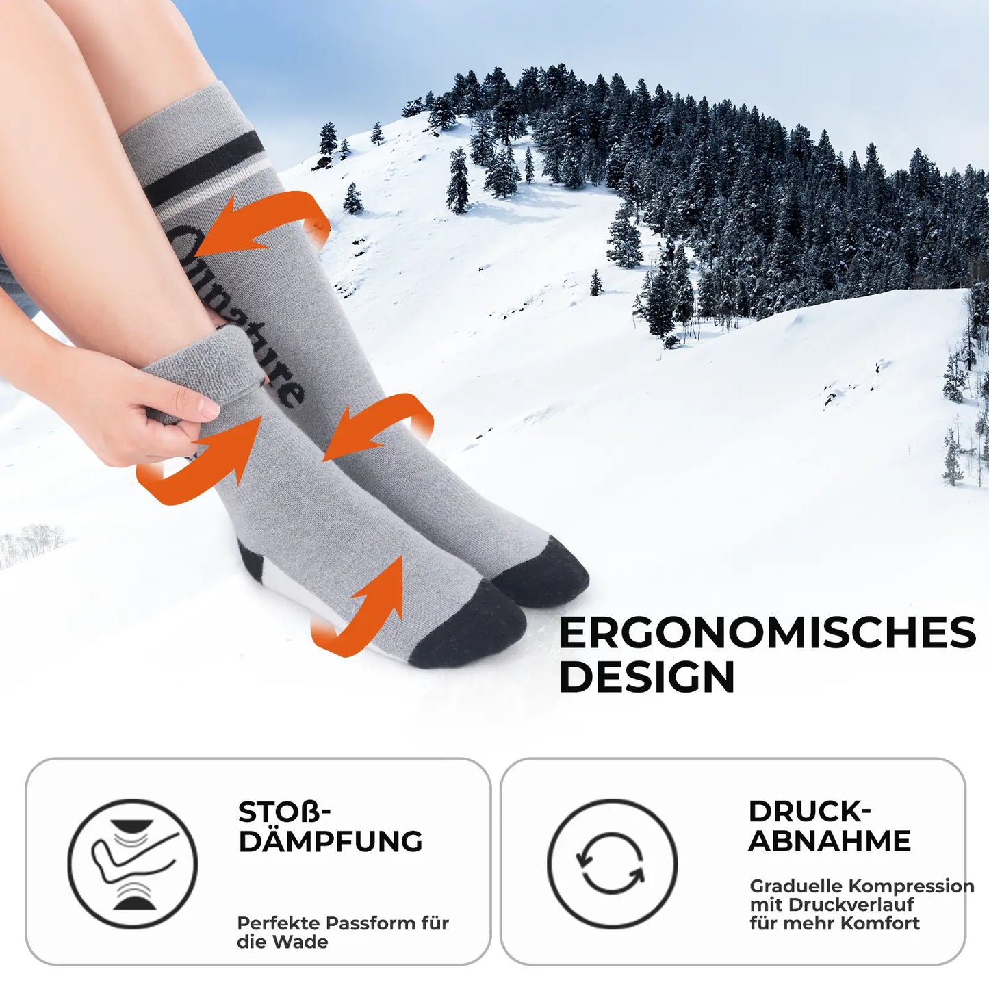 hand zieht graue skisocke über den fuß bei winterlicher bergkulisse