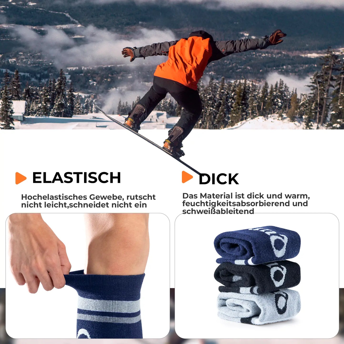 blauer kinder skisocken wird am bein gedehnt vor winterberg-hintergrund