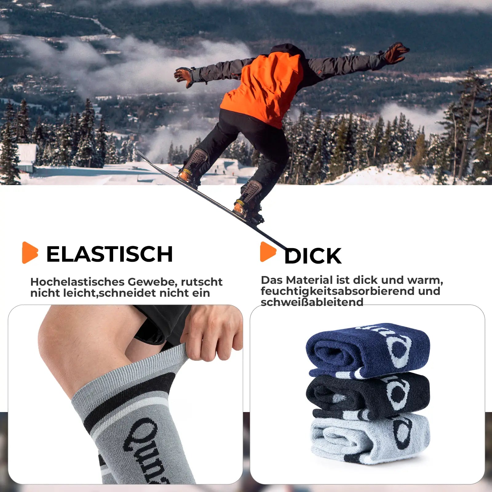 graue lange skisocke beim anziehen vor schnee-wald landschaft