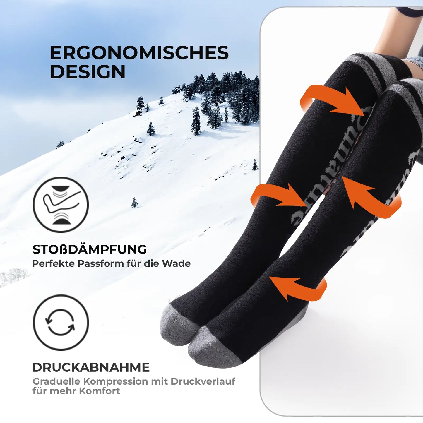 schwarze lange skisocke mit druckzonen-markierung vor schnee-wald