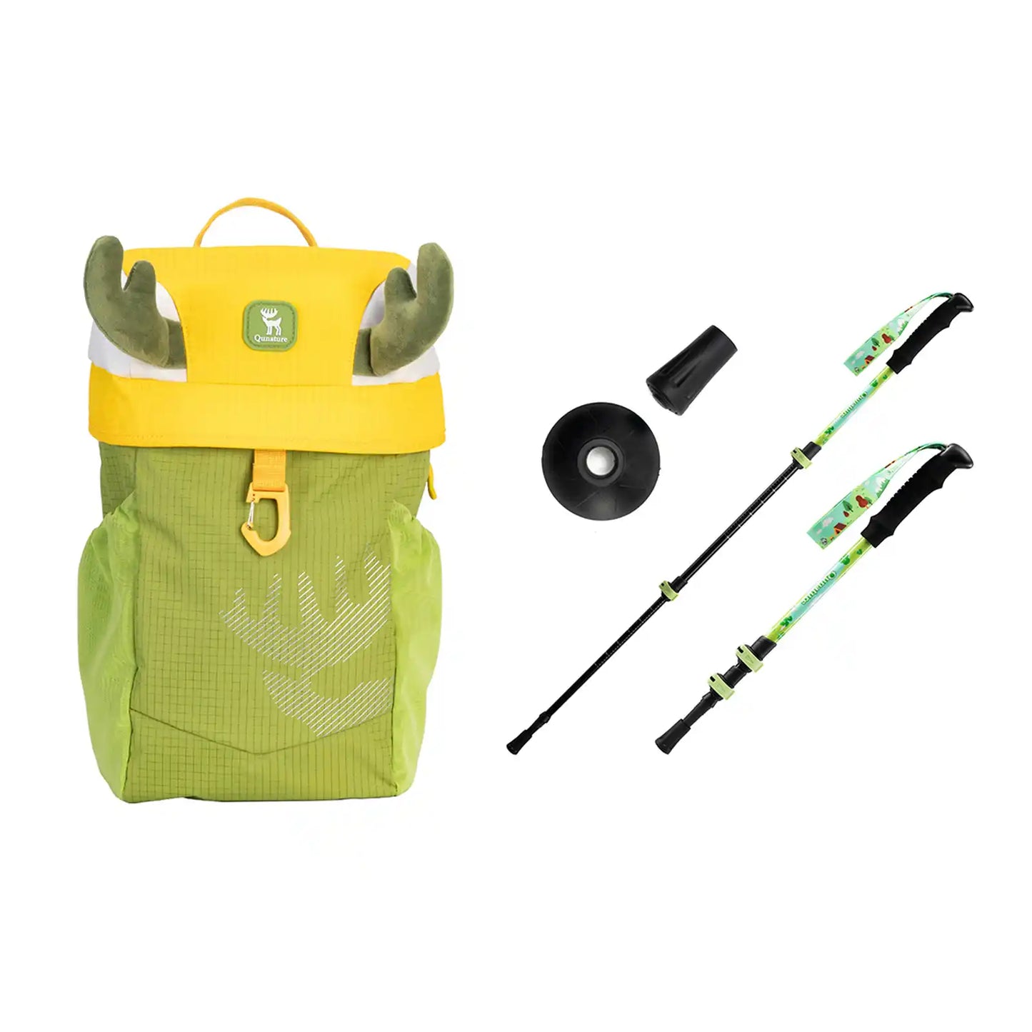 qunature kinder camping set in hellgrün, rucksack und wanderstöcke für outdoor