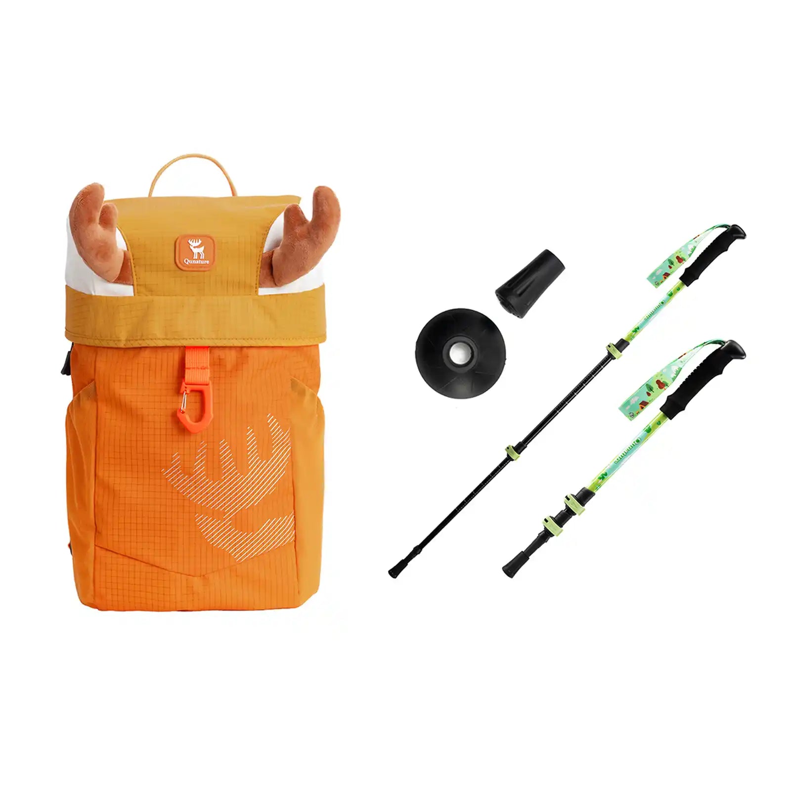 kids camping set in orange red, including backpack and hiking sticks