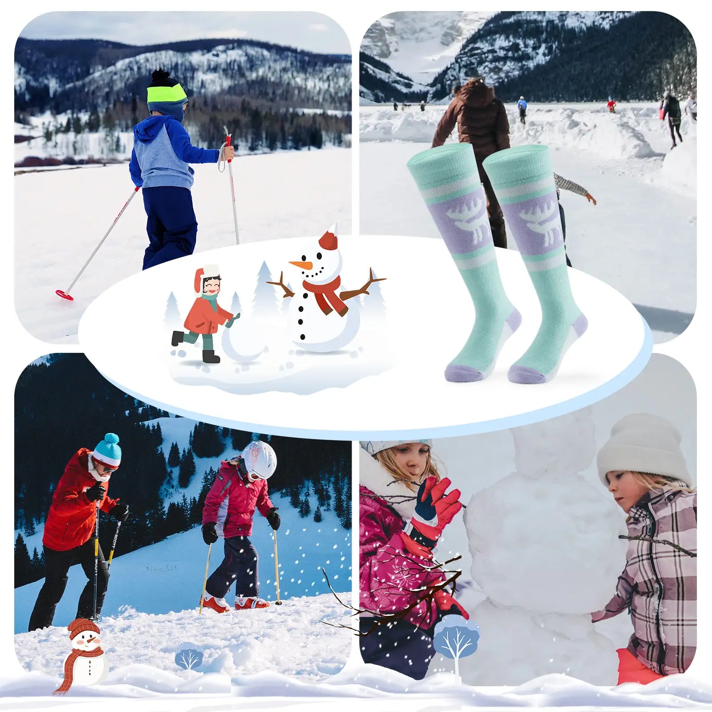 kinder skisocken mint lila im einsatz beim skifahren