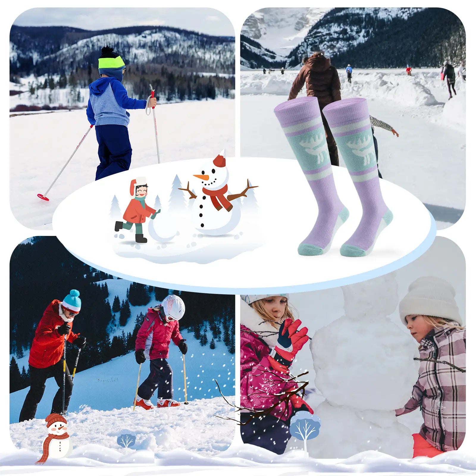 kinder skisocken lila mint im einsatz beim skifahren