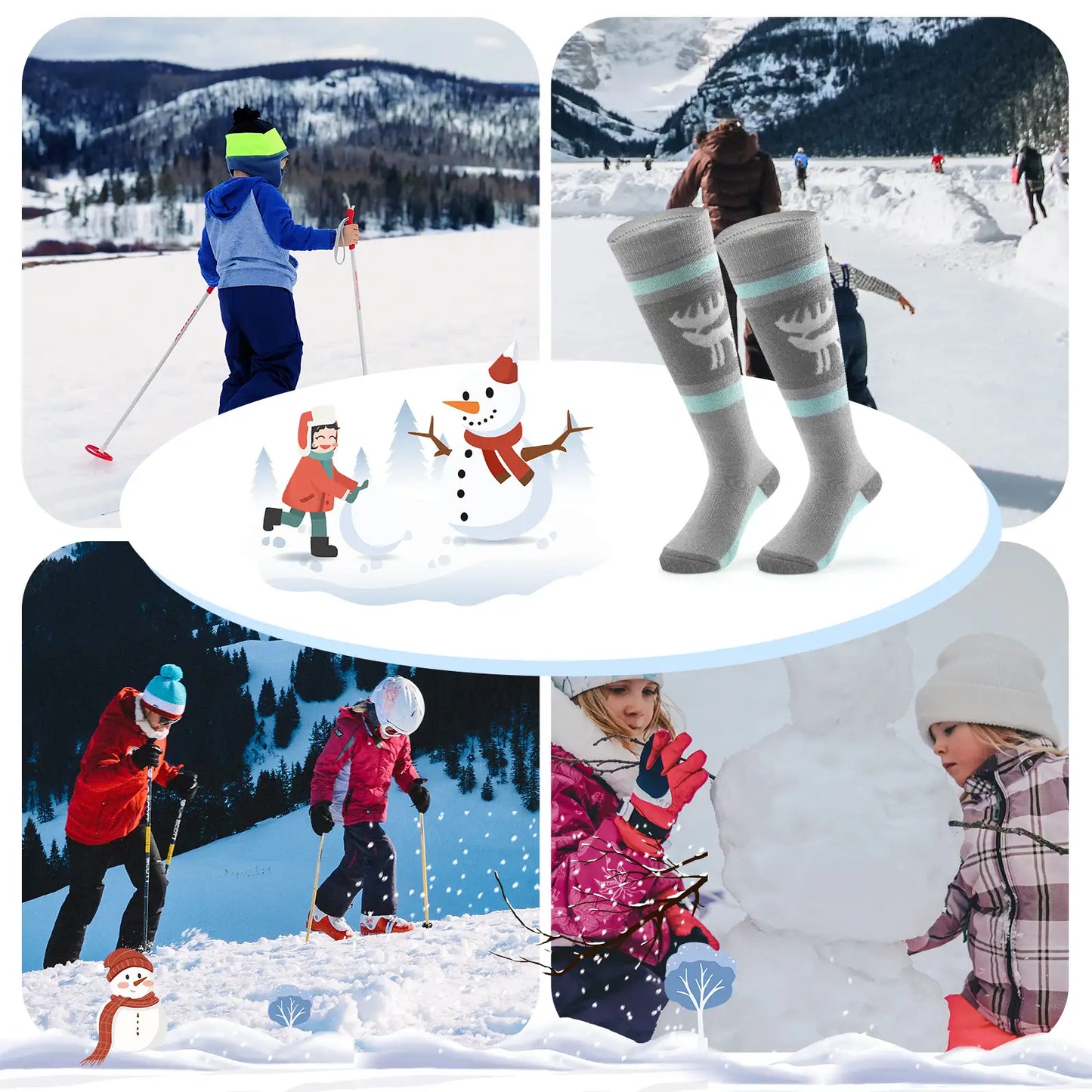kinder skisocken grau mint im einsatz beim skifahren