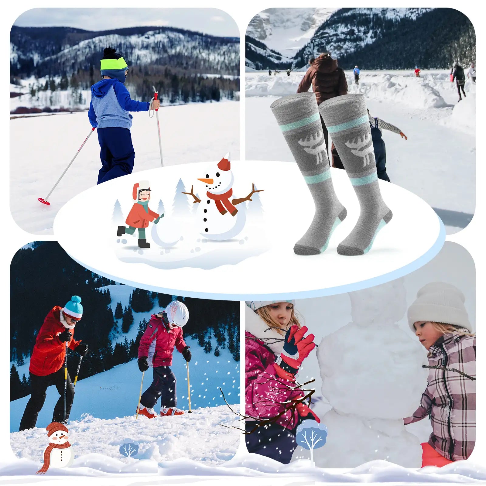 kinder skisocken grau mint im einsatz beim skifahren
