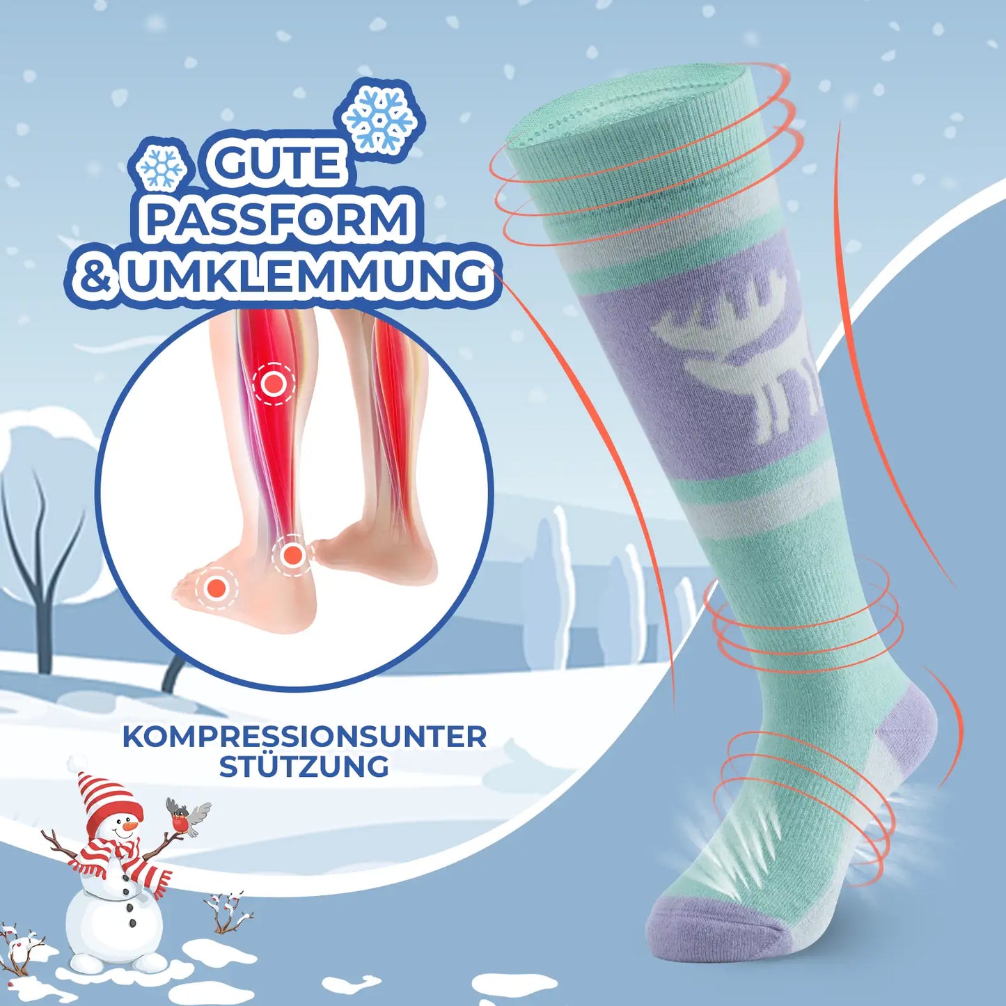 kinder skisocken kompressionsunterstützung lila mint