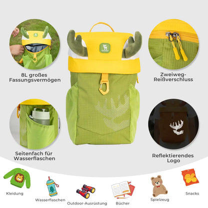 kinderrucksack mit 8l fassungsvermögen, flaschenhalter und reflektierendem logo