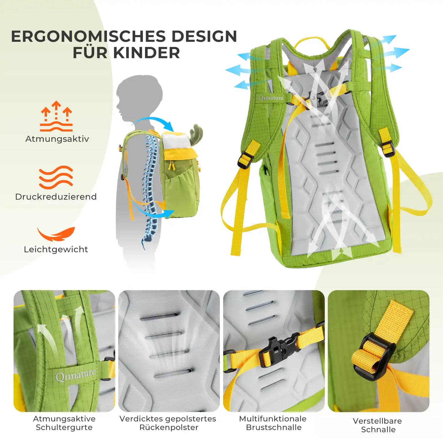 ergonomischer rückenaufbau mit atmungsaktiver polsterung und verstellbaren schnallen